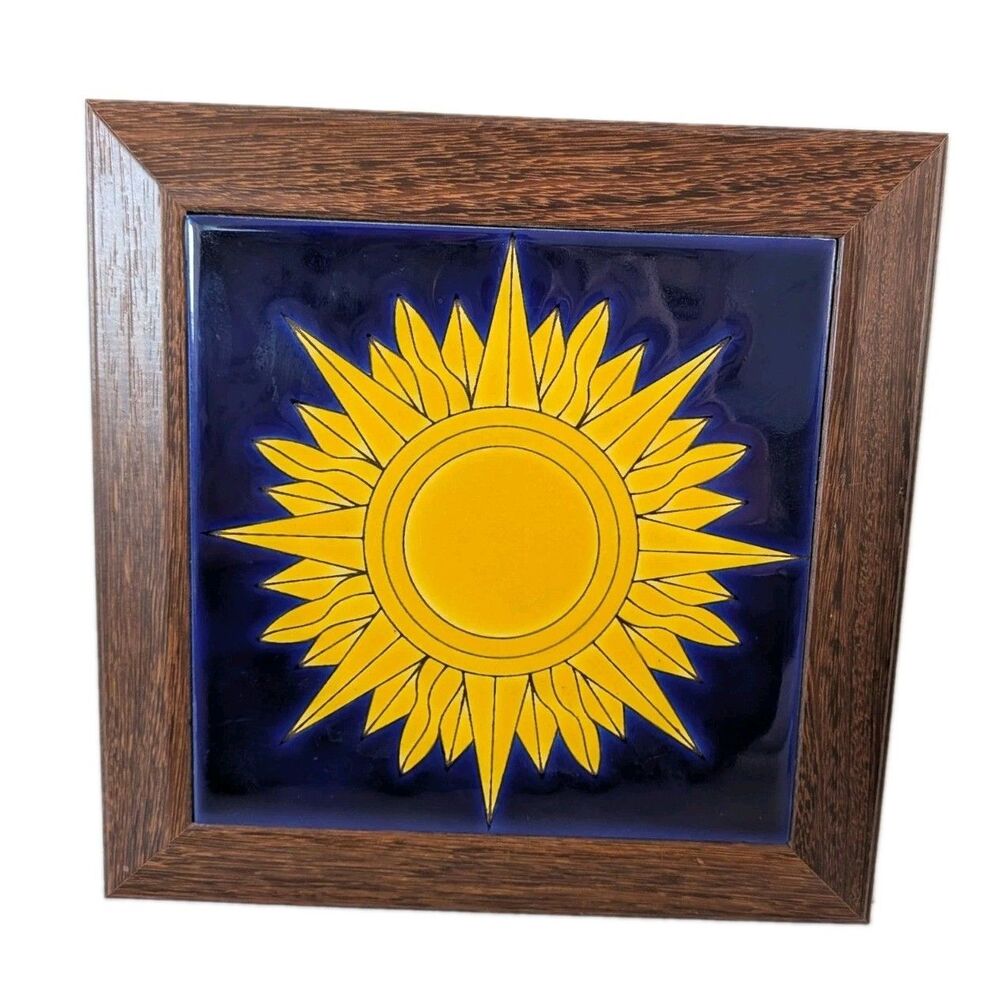 Vintage Celestial Sunburst Ceramic Tile Wall Art Blue Yellow Colombia Framed